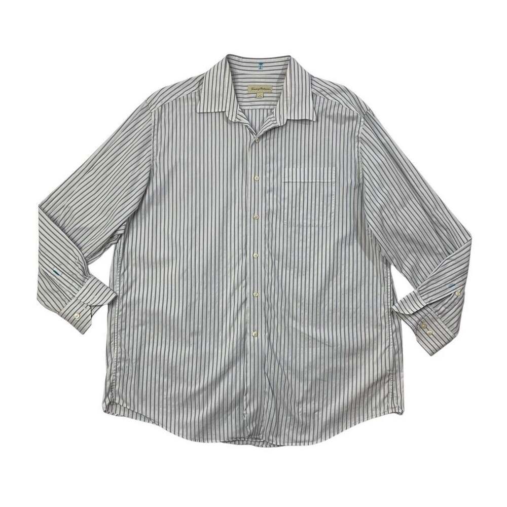 Tommy Bahama Shirt Mens 17 White Navy Striped Cotton Button Up Long Sleeve Dress